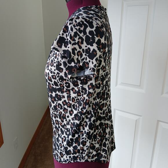 AUW Leopard Print Blouse Small short tulip sleeves ruched keyhole office tunic - Picture 4 of 13